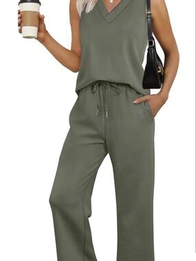 Olive Green V-Neck Tank and Drawstring Pants Set